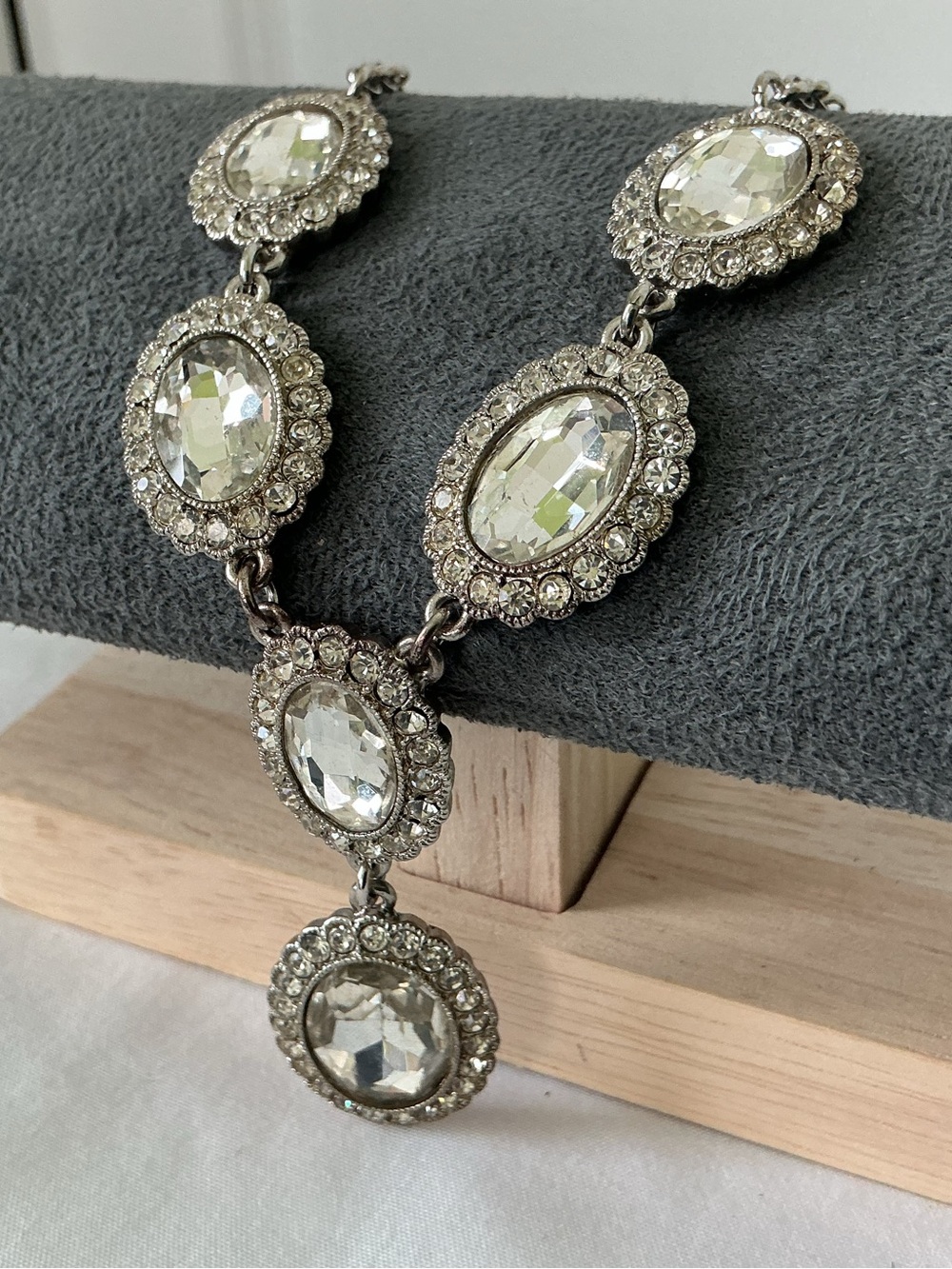 Vintage CROWN TRIFARI Crystal Statement Y Necklace Silver